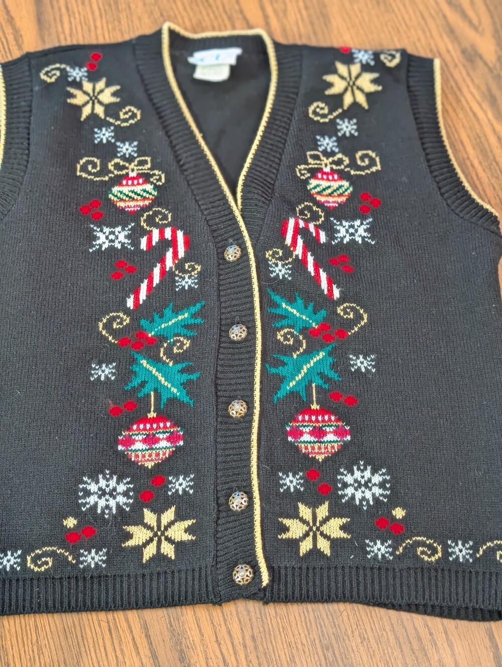 Cricket Lane Black Holiday Knit Vest with Festive Embroidery- Med Petite